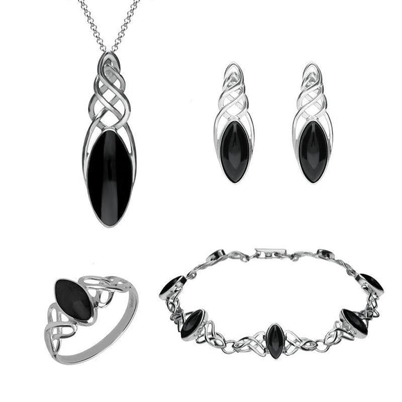 Sterling Silver Whitby Jet Celtic Marquise Piece Set. S012 