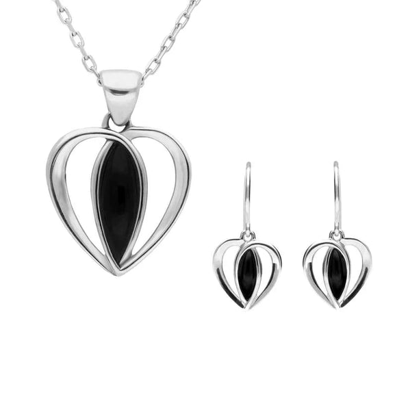 Sterling Silver Whitby Jet Centre Stone Heart Two Piece Set. S024
