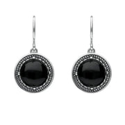 Sterling Silver Whitby Jet Circle Stone Oxidised Drop Earrings. E1927