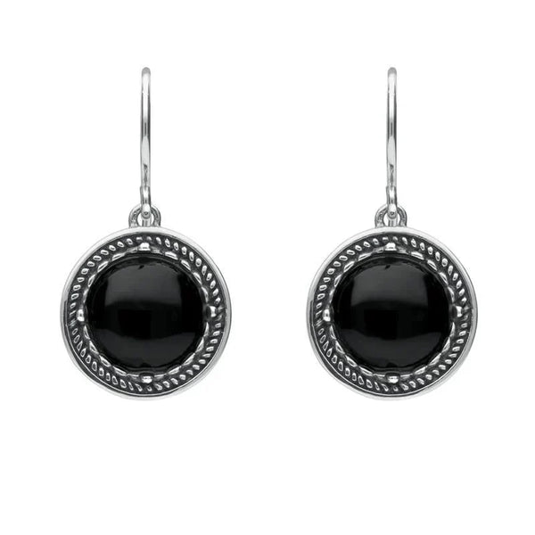 Sterling Silver Whitby Jet Circle Stone Oxidised Drop Earrings. E1927