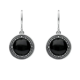 Sterling Silver Whitby Jet Circle Stone Oxidised Drop Earrings. E1927