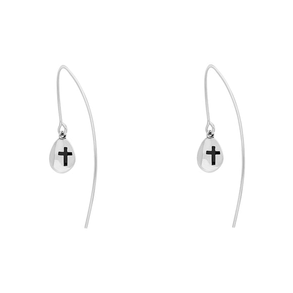 Sterling Silver Whitby Jet Cross Disc Drop Earrings, E1374.