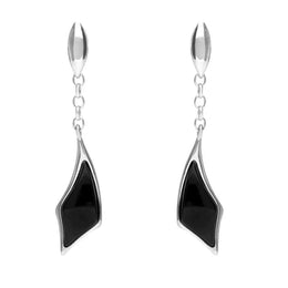 Sterling Silver Whitby Jet Curved Diamond Shape Chain Drop Earrings E1812