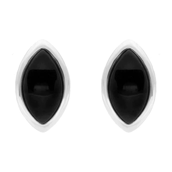 Sterling Silver Whitby Jet Curved Marquise Stud Earrings. e1657.