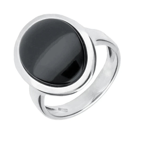 Sterling Silver Whitby Jet Curved Oval Ring. R914