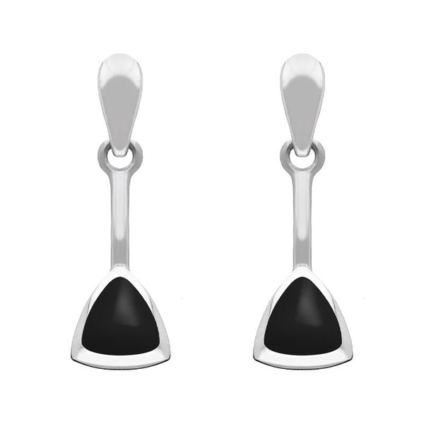 Sterling Silver Whitby Jet Curved Triangle Drop Earrings. E032.
