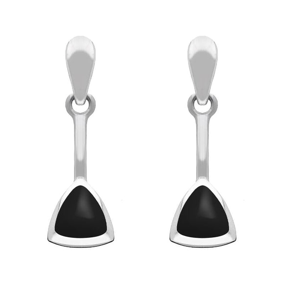 Sterling Silver Whitby Jet Curved Triangle Drop Earrings. E032.