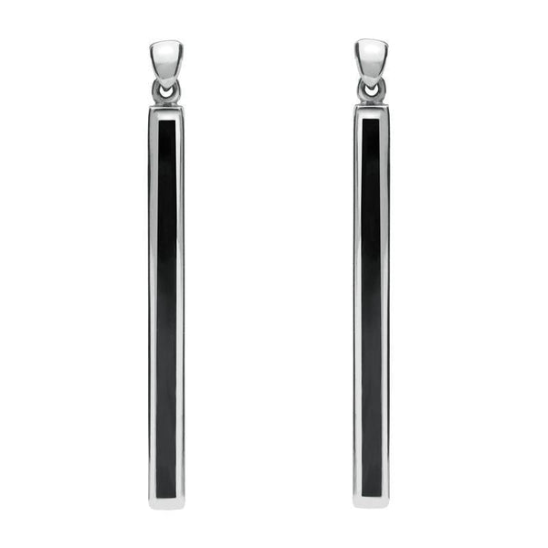 Sterling Silver Whitby Jet Extra Long Slim Drop Earrings. E1070.