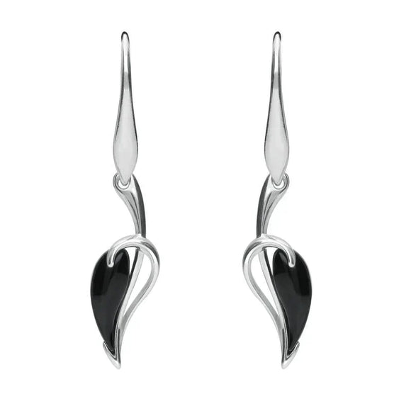 Sterling Silver Whitby Jet Fleur Leaf Drop Earrings E1822