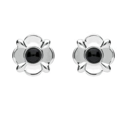 Sterling Silver Whitby Jet Four Petal Flower Stud Earrings E1624