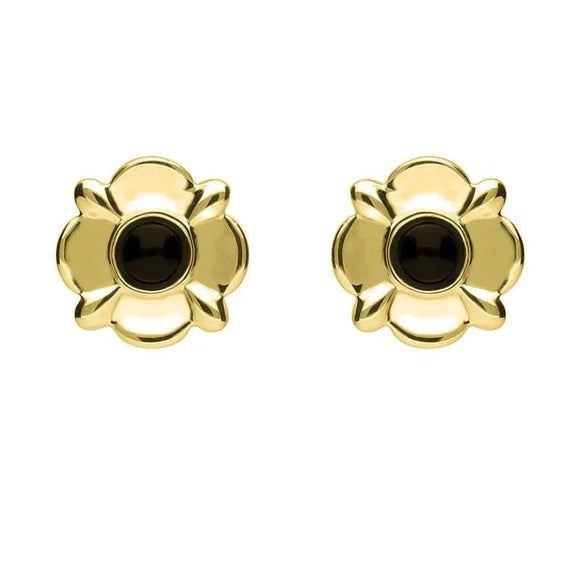 9ct Yellow Gold Whitby Jet Four Petal Flower Stud Earrings. E1624.