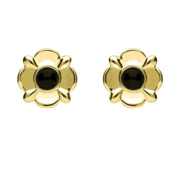 9ct Yellow Gold Whitby Jet Four Petal Flower Stud Earrings. E1624.