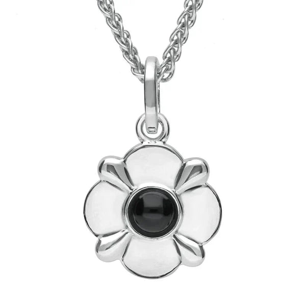 Sterling Silver Whitby Jet Four Petal Yorkshire Rose Necklace. P2095