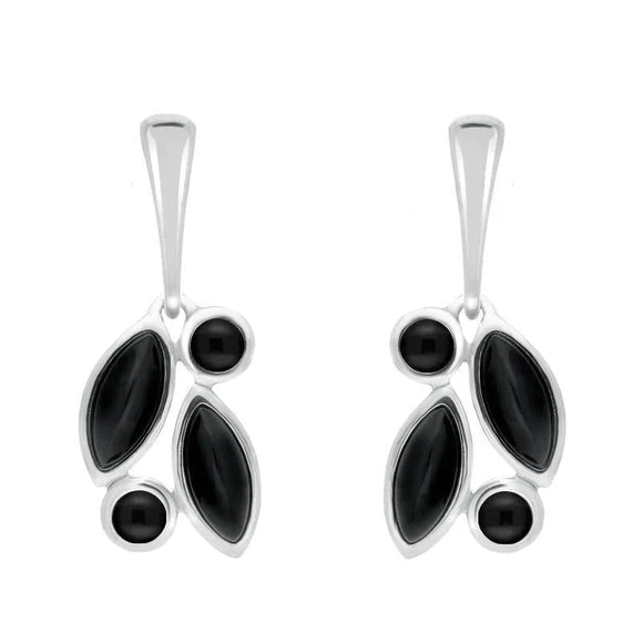 Sterling Silver Whitby Jet Four Stone Leaf Drop Earrings E1803