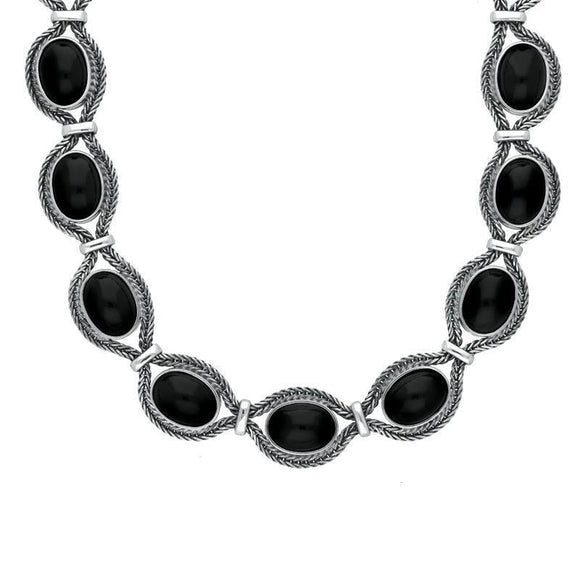 Sterling Silver Whitby Jet Foxtail Oval Fifteen Stone Necklace D