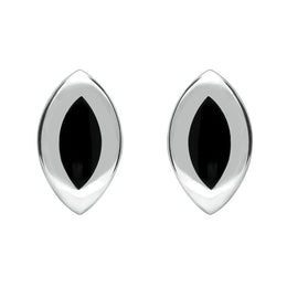 Sterling Silver Whitby Jet Framed Marquise Stud Earrings. E561.