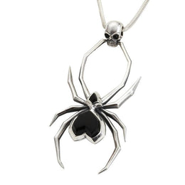 Sterling Silver Whitby Jet Gothic Spider Skull Necklace, P2038C.