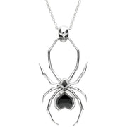 Sterling Silver Whitby Jet Gothic Spider Skull Necklace, P2038C.
