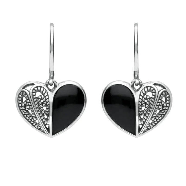 Sterling Silver Whitby Jet Half Stone Heart Hook Earrings E1940
