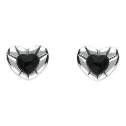 Sterling Silver Whitby Jet Heart Stud Earrings, E1904.