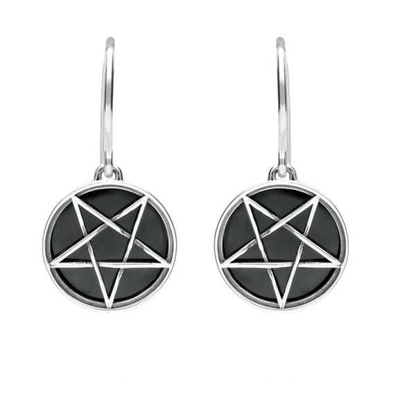 Sterling Silver Whitby Jet Inverse Pentagram Drop Earrings, E1412.