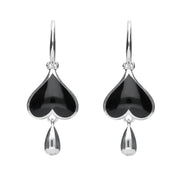 Sterling Silver Whitby Jet Heart Teardrop Hook Earrings. E2018.