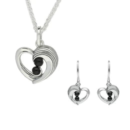 Sterling Silver Whitby Jet Jet Half Ridge Stone Heart Two Piece Set. S032