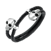 Sterling Silver Whitby Jet Leather Skull Bracelet, B1135