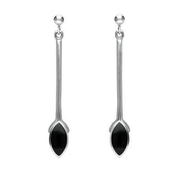 Sterling Silver Whitby Jet Long Marquise Drop Earrings. E131.