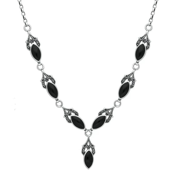 Sterling Silver Whitby Jet Marcasite 7 Stone Pave Marquise Necklace. N896