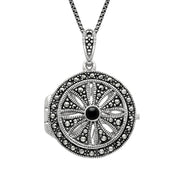 Sterling Silver Whitby Jet Marcasite Arc Deco Circles Locket Necklace P2145