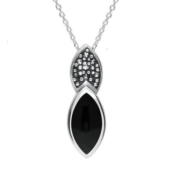 Sterling Silver Whitby Jet Marcasite Double Marquise Necklace P1306