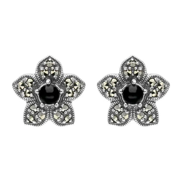 Sterling Silver Whitby Jet Marcasite Flower Stud Earrings E1696