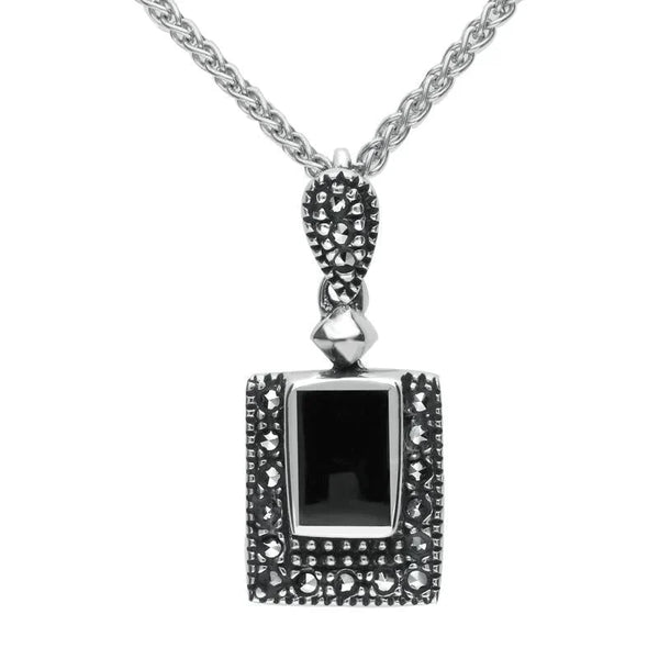 Sterling Silver Whitby Jet Marcasite Framed Oblong Necklace, P1308.