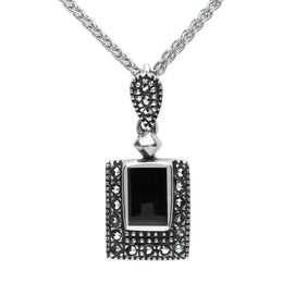 Sterling Silver Whitby Jet Marcasite Framed Oblong Necklace, P1308.