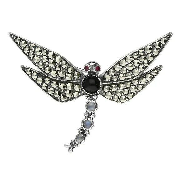 Sterling Silver Whitby Jet Marcasite Garnet Moonstone Brooch M296
