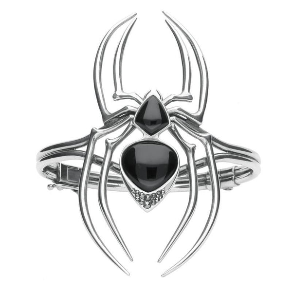 Sterling Silver Whitby Jet & Marcasite Gothic Spider Bangle. B862