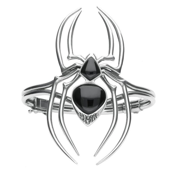 Sterling Silver Whitby Jet & Marcasite Gothic Spider Bangle. B862