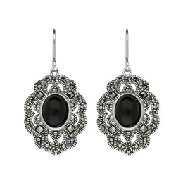 Sterling Silver Whitby Jet Marcasite Lace Edge Oval Drop Earrings E2148