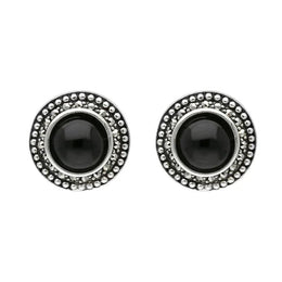 Sterling Silver Whitby Jet Marcasite Large Round Framed Stud Earrings E1698