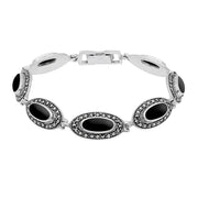 Sterling Silver Whitby Jet Marcasite Long Slim Oval Framed Bracelet. B876.