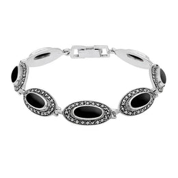 Sterling Silver Whitby Jet Marcasite Long Slim Oval Framed Bracelet. B876.