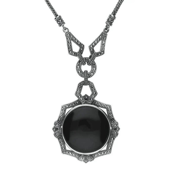 Sterling Silver Whitby Jet Marcasite Ornate Framed Necklace, N993.