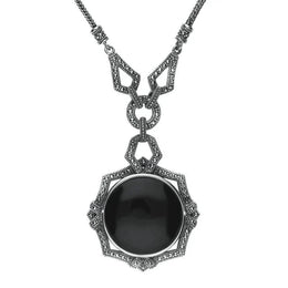 Sterling Silver Whitby Jet Marcasite Ornate Framed Necklace, N993.