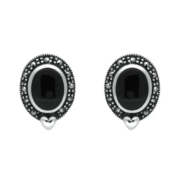 Sterling Silver Whitby Jet Marcasite Oval Framed Stud Earrings. E876. 