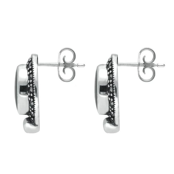 Sterling Silver Whitby Jet Marcasite Oval Framed Stud Earrings. E876. 