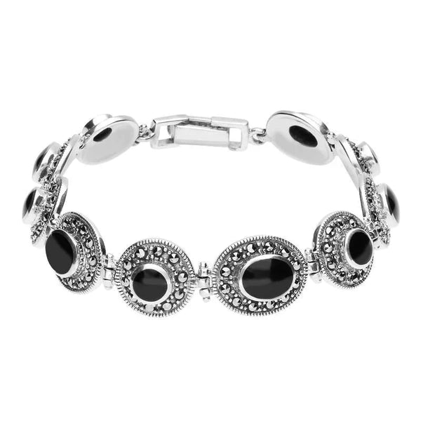 Sterling Silver Whitby Jet Marcasite Oval Link Bracelet B875
