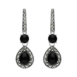 Sterling Silver Whitby Jet Marcasite Pear Drop Earrings E1703