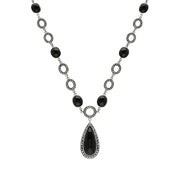 Sterling Silver Whitby Jet Marcasite Pear Drop Oval Chain Necklace, N915.