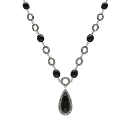Sterling Silver Whitby Jet Marcasite Pear Drop Oval Chain Necklace, N915.